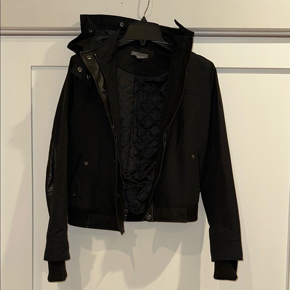 VINCE Black Women's Bomber Jacket with leather trim and attached hood - Picture 2 of 9